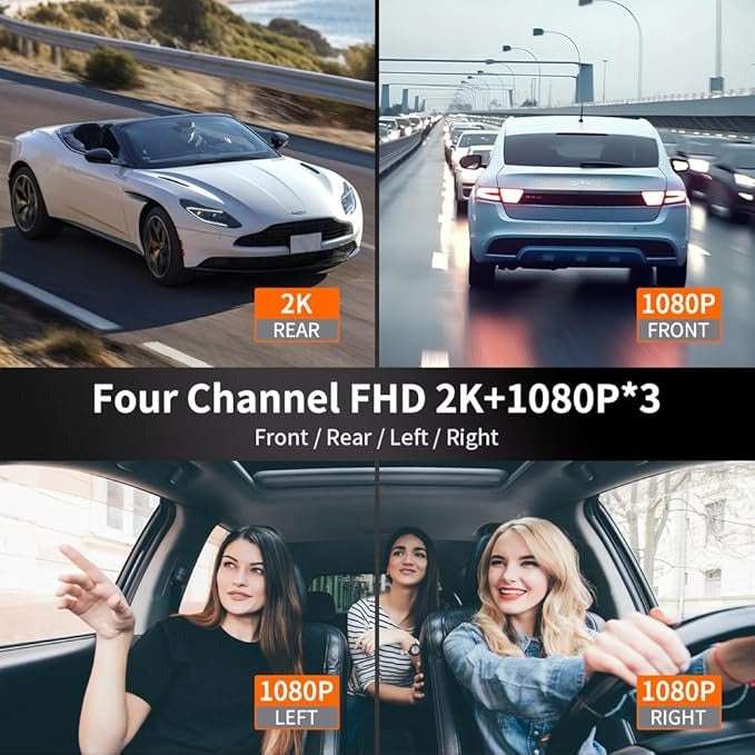 360° 4-Channel Dash Cam 2K+1080P – WiFi, GPS, Night Vision & 24/7 Parking Mode with 64GB