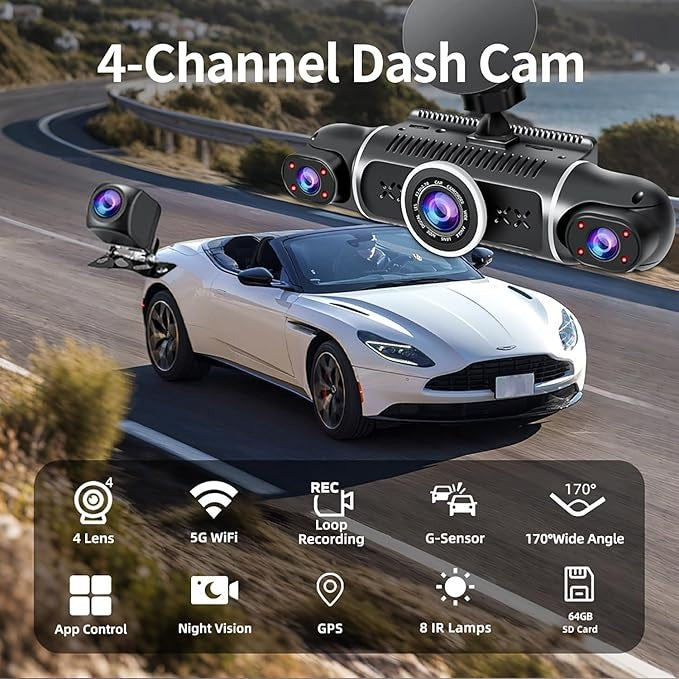 360° 4-Channel Dash Cam 2K+1080P – WiFi, GPS, Night Vision & 24/7 Parking Mode with 64GB