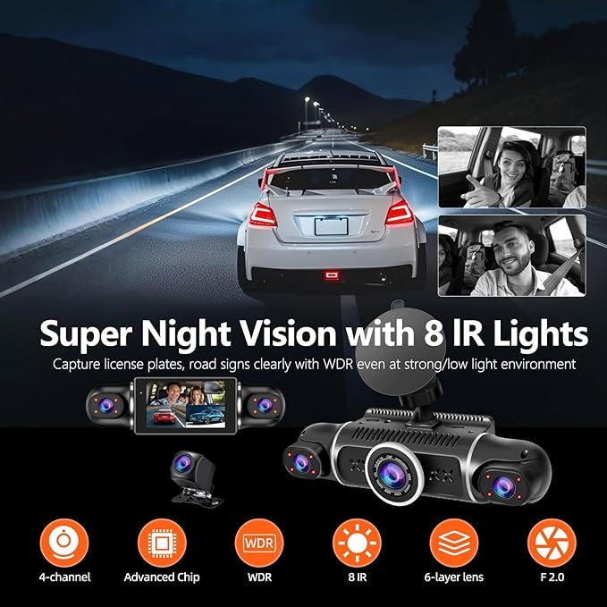 360° 4-Channel Dash Cam 2K+1080P – WiFi, GPS, Night Vision & 24/7 Parking Mode with 64GB