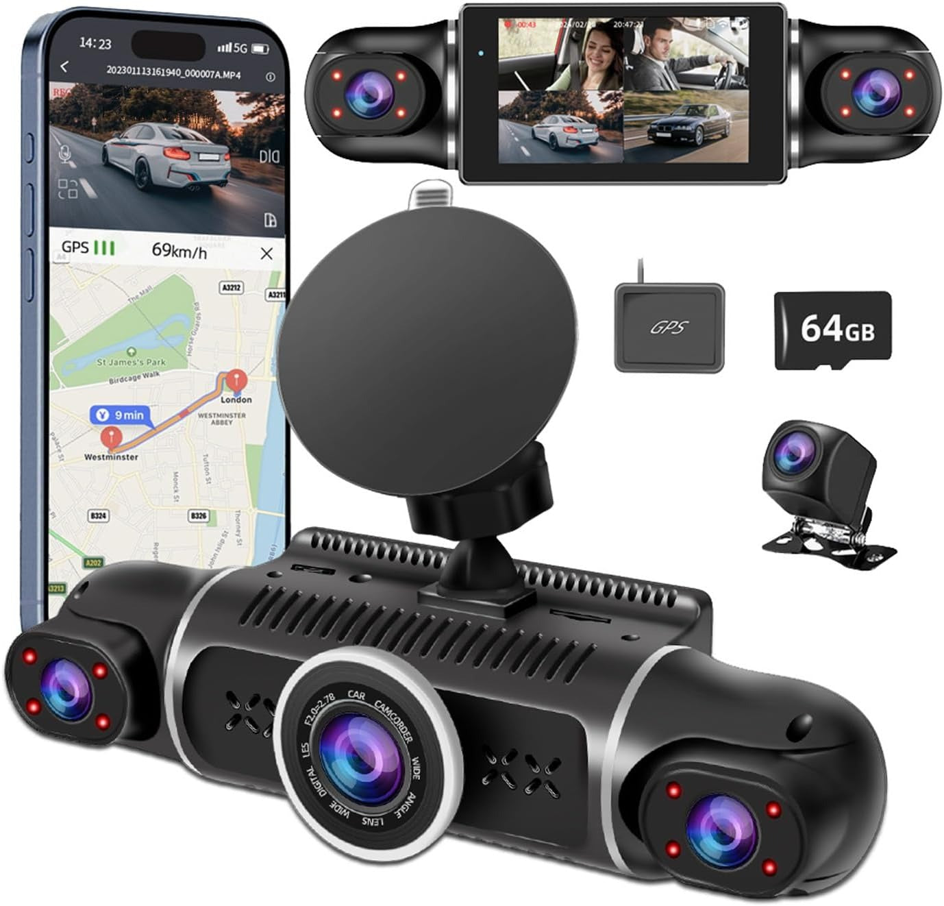 360° 4-Channel Dash Cam 2K+1080P – WiFi, GPS, Night Vision & 24/7 Parking Mode with 64GB