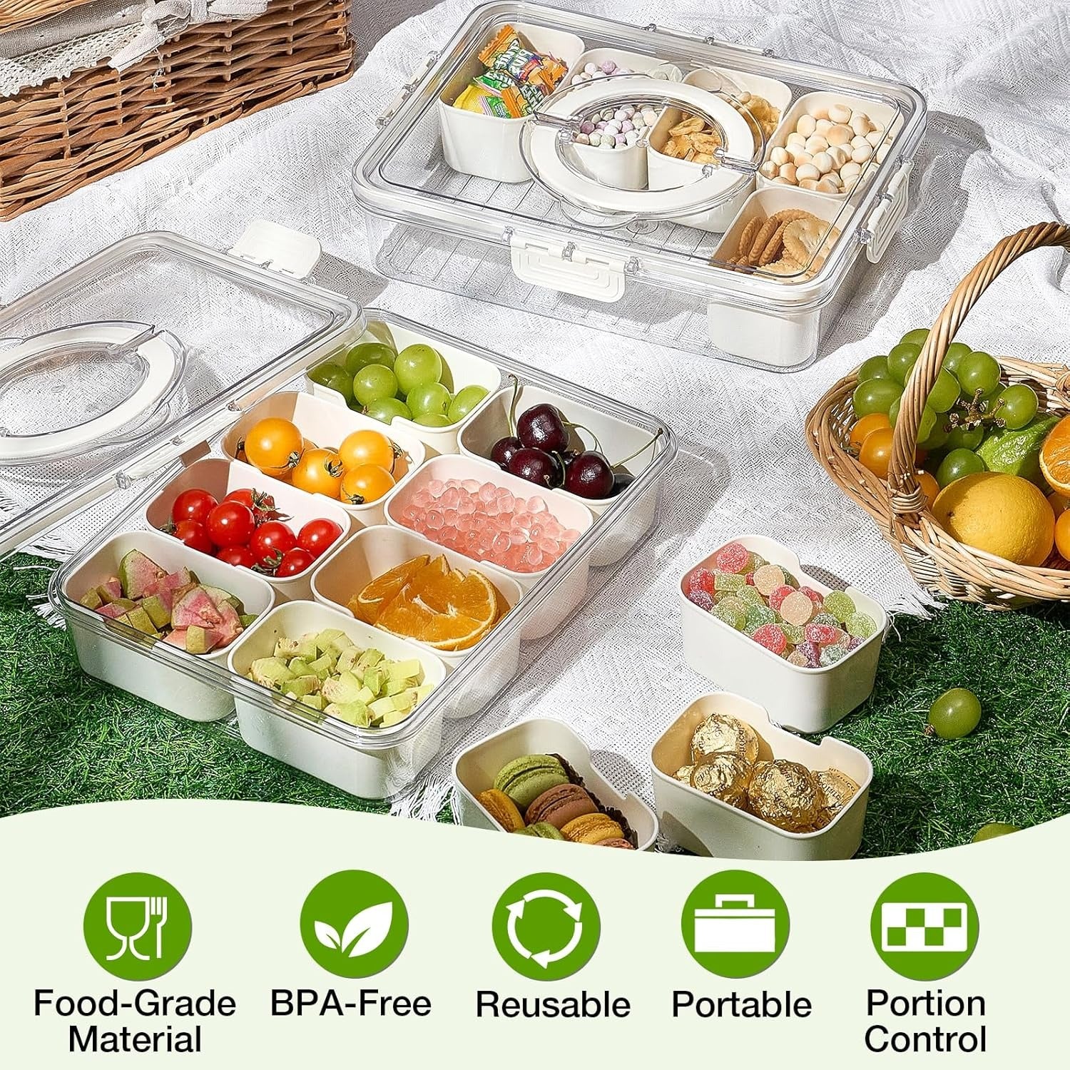 8-Compartment Divided Snack Serving Tray with Lid – Portable Clear Organizer for Fruits, Nuts & Candy