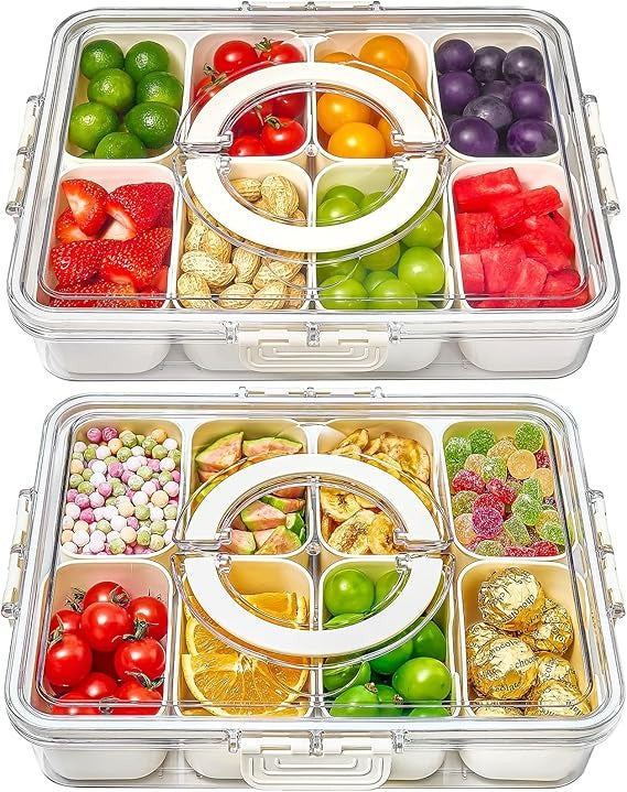 8-Compartment Divided Snack Serving Tray with Lid – Portable Clear Organizer for Fruits, Nuts & Candy