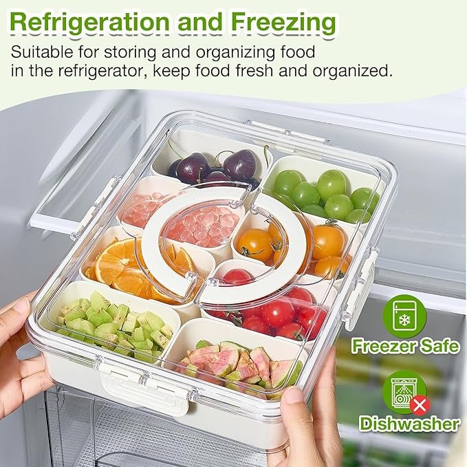 8-Compartment Divided Snack Serving Tray with Lid – Portable Clear Organizer for Fruits, Nuts & Candy