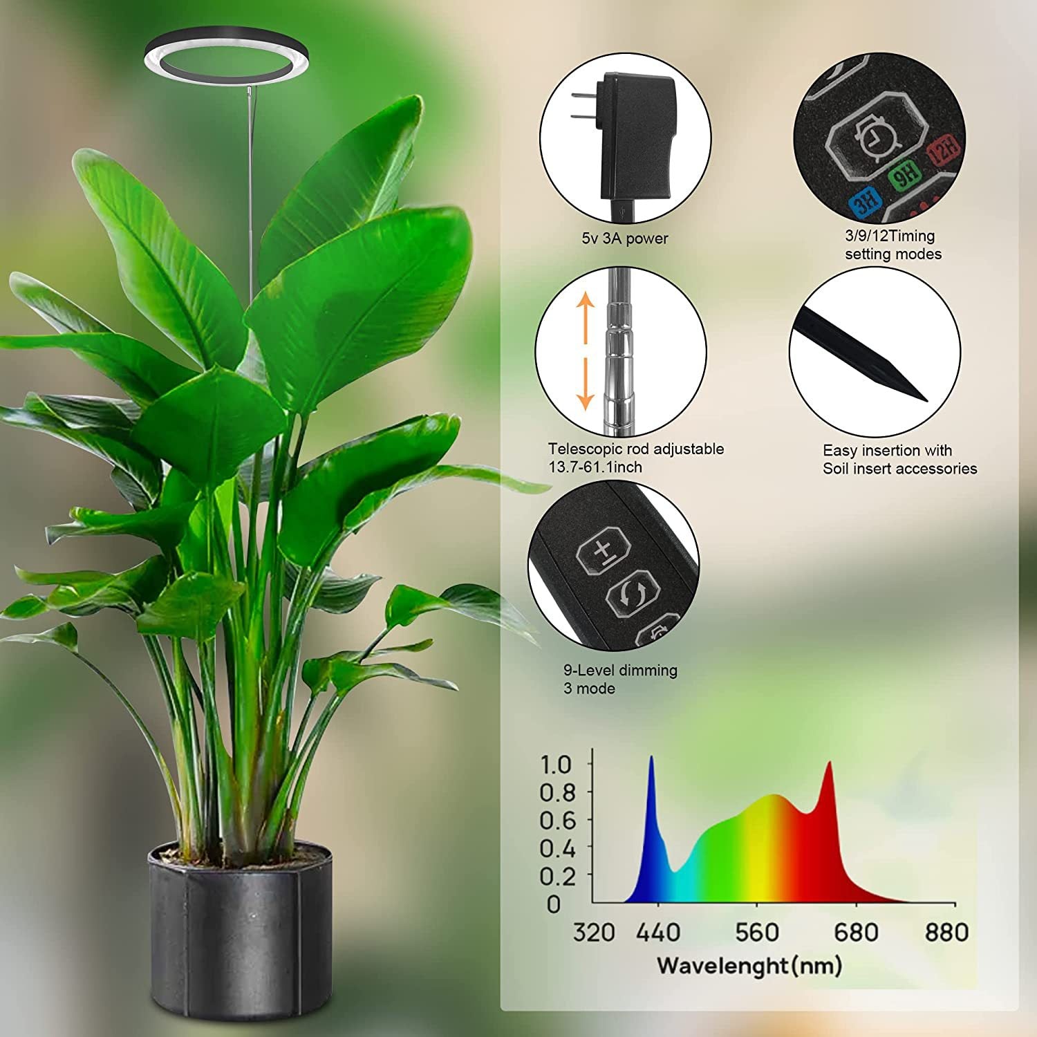 USB LED Plant Grow Light — Telescopic Stake Lamp with Timer for Indoor Seedlings & Potted Plants