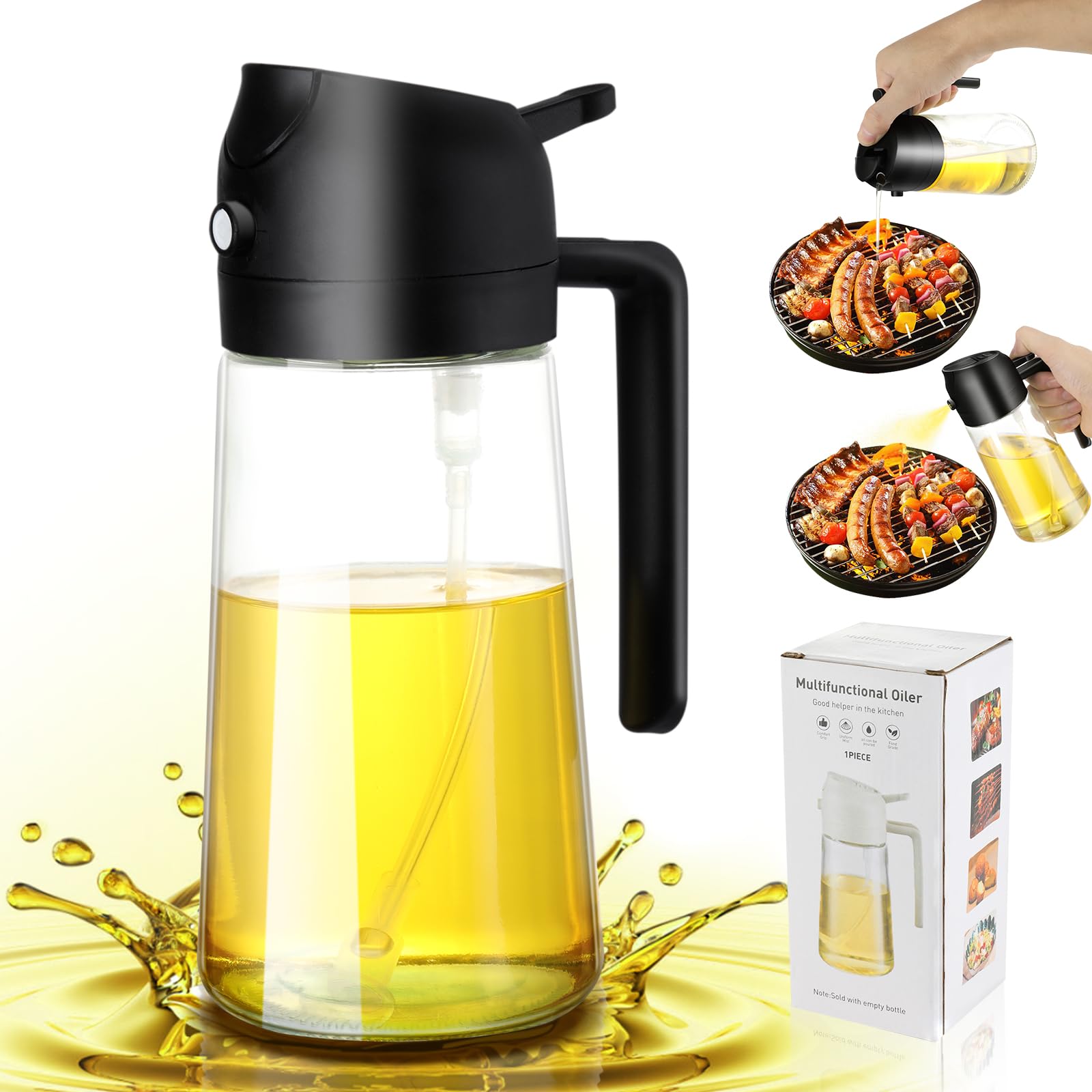2-in-1 Olive Oil Spray Bottle & Dispenser – 16oz Kitchen Sprayer for Cooking, BBQ & Air Fryer